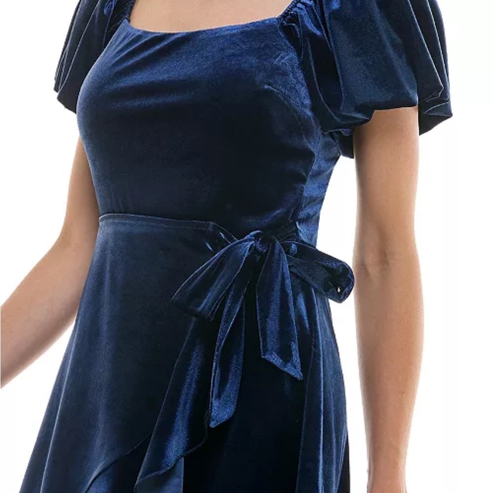 Trixxi Juniors' Puff-Sleeve Faux-Wrap Velvet Dress Blue NWT Prom Occasion Party - Picture 5 of 9